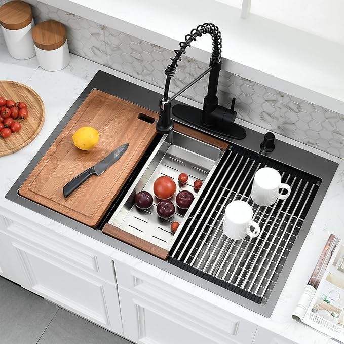30x19 Black Drop In Kitchen Sink with Faucet Combo - 30 Inch Single Bowl Drop In Sinks 10 Inch Deep, Black Stainless Steel Topmount Workstation Kitchen Sink with Accessories