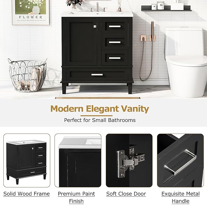 GDFStudio 30" Bathroom Vanity Sink Combo with 3 Drawers & 1 Soft Closing Door Floor Mount Freestanding Wood Bathroom Storage Cabinet Set with Ceramic Basin Sink Top for Small Bathroom Space, Black