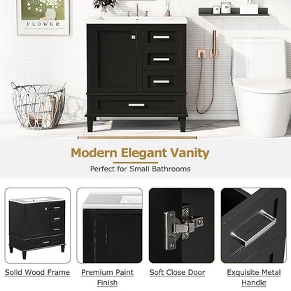 GDFStudio 30" Bathroom Vanity Sink Combo with 3 Drawers & 1 Soft Closing Door Floor Mount Freestanding Wood Bathroom Storage Cabinet Set with Ceramic Basin Sink Top for Small Bathroom Space, Black