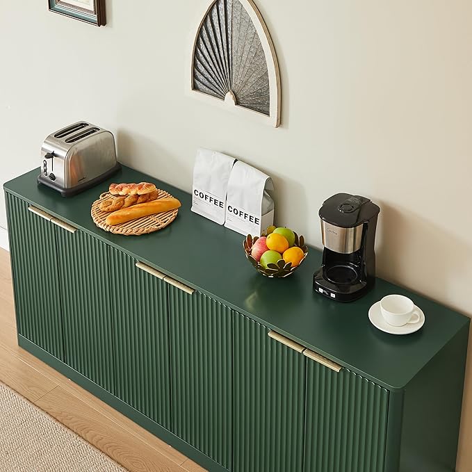 Ball & Cast 67" Modern Fluted Sideboard Buffet Cabinet with Storage,Curved Design Kitchen Coffee Bar Cabinet with 6 Doors & Shelves,Wood Credenza Cabinets Media Console for Living Room,Green