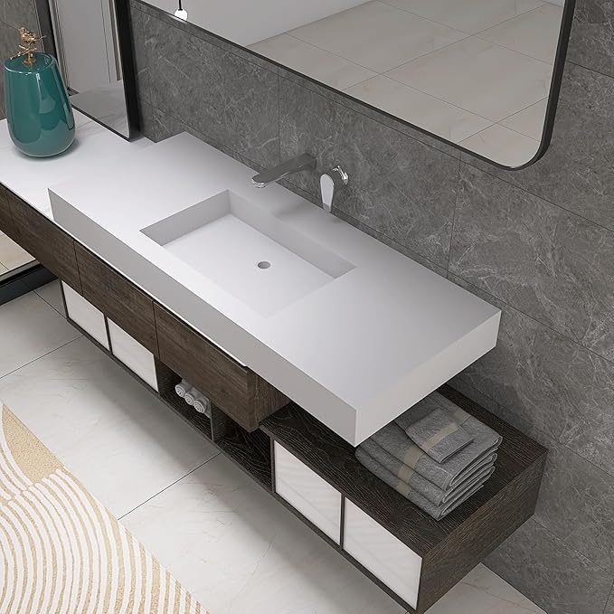 47"X19" Wall Mount Sink Matte Bathroom Vanity Vessel Sinks Artificial Stone Rectanglee Indoor Outdoors Modern Floating or Countertop Freestanding Wall Hang Sink Bowl… (without Holes 47'')
