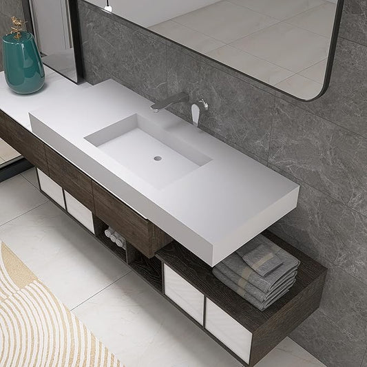 47"X19" Wall Mount Sink Matte Bathroom Vanity Vessel Sinks Artificial Stone Rectanglee Indoor Outdoors Modern Floating or Countertop Freestanding Wall Hang Sink Bowl… (without Holes 47'')