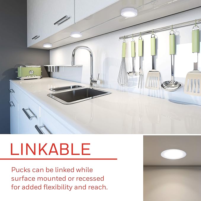 UltraPro Linkable Recessed Puck Lights, 3 Pucks, LED Puck, 150 Lumens, Warm White Light, Under Cabinet Lighting, Warm White, Kitchen, Counter, Indoor, 45744