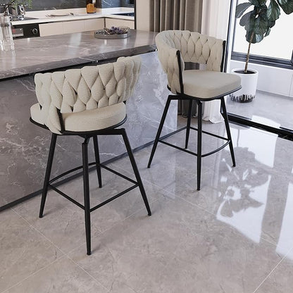 26" Bar Chair Linen Woven Bar Stool Set of 2,Black Legs Bar stools No Adjustable Kitchen Island Chairs,360 Swivel Bar Stools Upholstered Bar Chair Counter Stool Arm Chairs with Back Footrest (White)