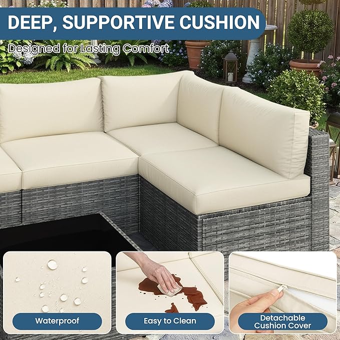 Wisteria Lane 7 Pieces Outdoor Patio Furniture Set, Wicker Outdoor Patio Sectional Sofas with Coffee Table, All-Weather Patio Conversation Set for Garden Backyard, Beige