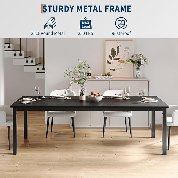 GarveeHome 78.7 in Industrial Dining Table for 6, Wooden Long Dinner Table with Mortise Tenon Design, Kitchen Table with Sturdy Metal Legs, for Dining Room Home Office Living Room, Black