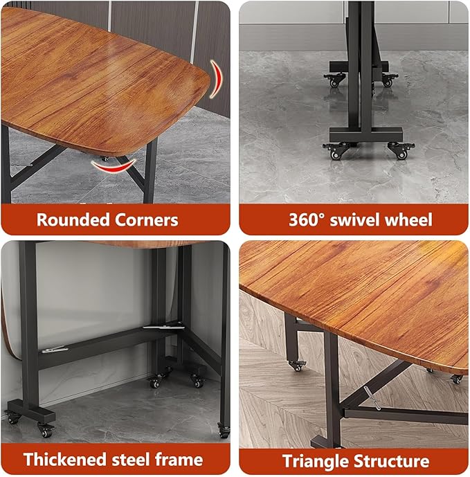 Drop Leaf Kitchen Dining Table with Wheels, Solid Wooden Foldable Kitchen Table, Multifunction Expandable Folding Table for Small Spaces Kitchen, Bedroom, Living Room, Brown, Seats 4-8 People, Stable(