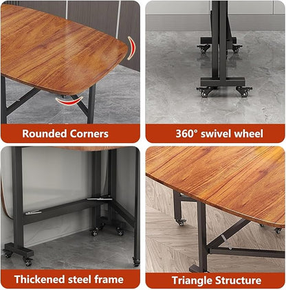 Drop Leaf Kitchen Dining Table with Wheels, Solid Wooden Foldable Kitchen Table, Multifunction Expandable Folding Table for Small Spaces Kitchen, Bedroom, Living Room, Brown, Seats 4-8 People, Stable(