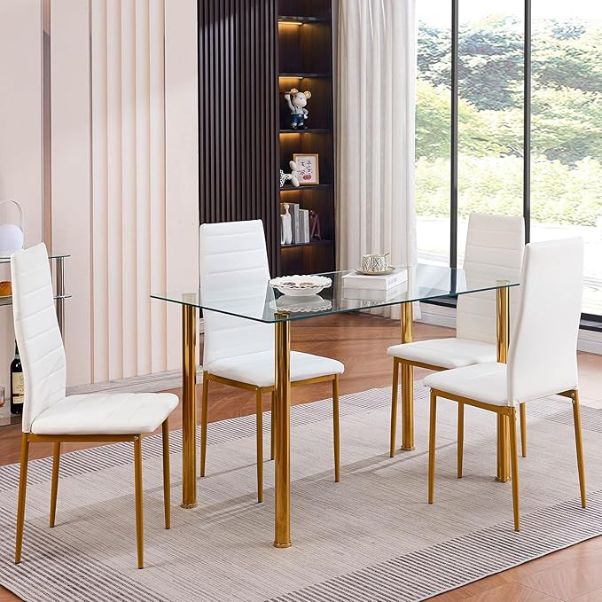 Glass Dining Table for 4, 47.2" Modern Clear Tempered Glass top Dining Room Table with Gold Legs for Kitchen, Small Space
