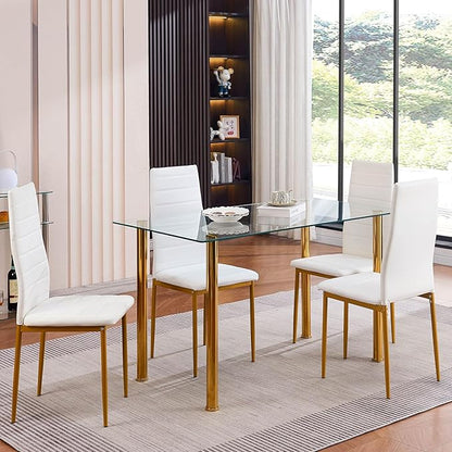 Glass Dining Table for 4, 47.2" Modern Clear Tempered Glass top Dining Room Table with Gold Legs for Kitchen, Small Space