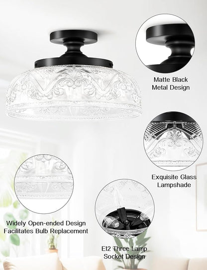 Semi Flush Mount Ceiling Light, 12 Inch Large Black Ceiling Light Fixture, 3-Light Globe Glass Industrial Kitchen Lighting Fixtures for Bathroom, Hallway, Dining Room (Bulb Not Included)