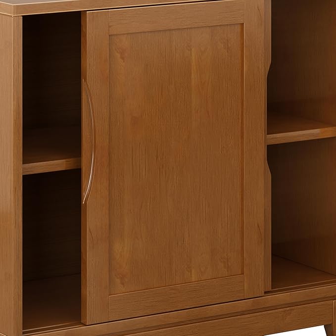 SIMPLIHOME Harper Storage Cabinet - 30 inch Wide Solid Hardwood 2-Shelf Low Console Cabinet in Teak Brown, Mid-Century Modern Cupboard for Living Room with Sliding Doors and Adjustable Shelves