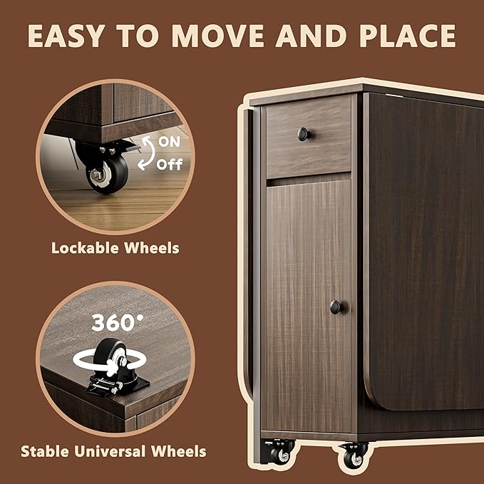 No Assembly Required Foldable Dining Table, Space Saving Extendable Kitchen Island with Drop Leaves for 2-6 People, Collapsible Craft Table with Movable Swivel Wheels for Small Spaces, Walnut