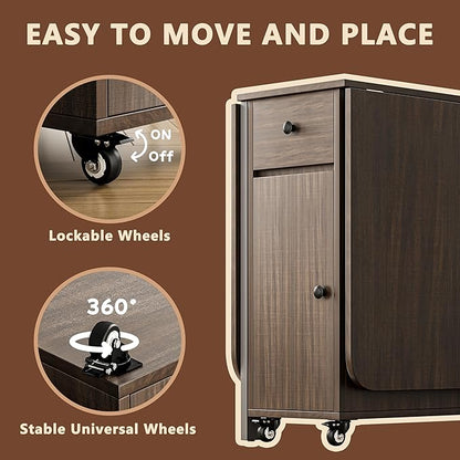 No Assembly Required Foldable Dining Table, Space Saving Extendable Kitchen Island with Drop Leaves for 2-6 People, Collapsible Craft Table with Movable Swivel Wheels for Small Spaces, Walnut