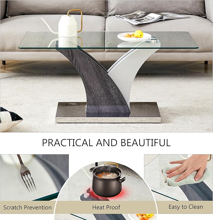 Glass Coffee Table for Living Room, 39" Modern Rectangle Coffee Tables with Tempered Glass Top and Sturdy Y-Shaped Wooden Base, Clear Center Table for Living Room, Apartment, Office