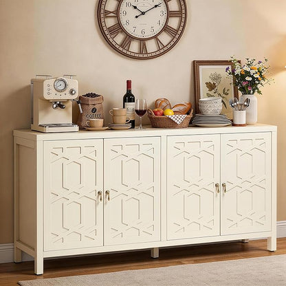 RoyalCraft Buffet Cabinet with Storage, 60" W Modern Coffee Bar Sideboard with 4 Doors & Adjustable Shelves, Painted Wooden Credenza for Dining Room, Kitchen, Living Room, Entryway, Beige