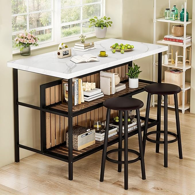 DKLGG Kitchen Island with Stools & Storage, Modern Dining Table Set for 2, 3 Piece Kitchen & Dining Room Sets Island Table for Small Space, Apartment, Home Bar, White