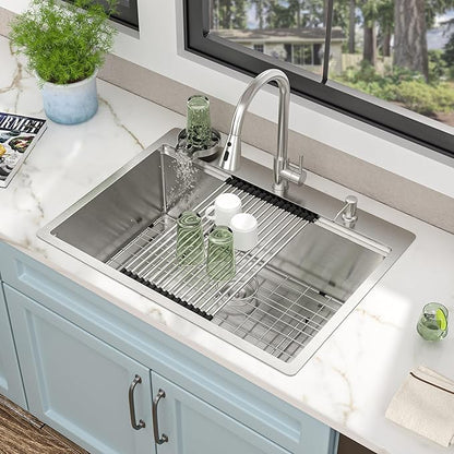 30"x22" Drop In Kitchen Sink Ledge Workstation – 16 Gauge 304 Stainless Steel Top Mount Overmount Single Bowl Sink Basin with Faucet Combo & Glass Rinser
