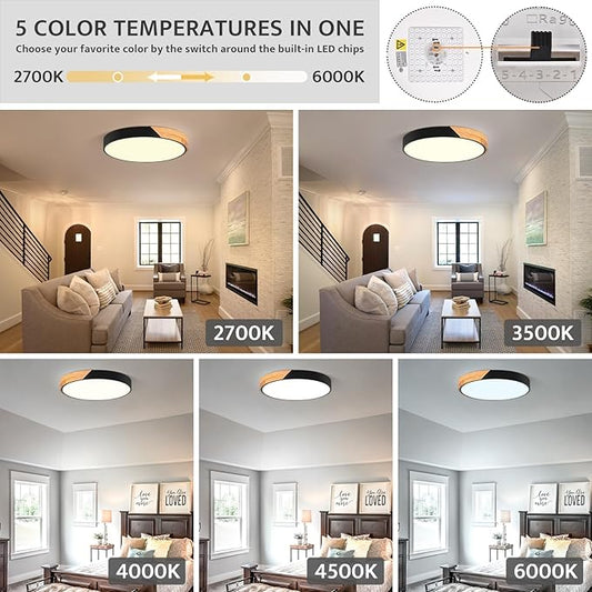 Vikaey Modern Dimmable LED Ceiling Light, Minimalist Wood Style 5CCT 2700K-6000K Flush Mount Ceiling Light Fixture, Round Lighting Lamp for Bedroom Living Room Dining Room Laundry, Black, 15.8"