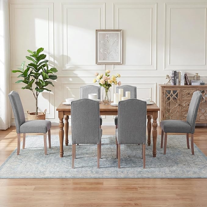Upholstered Dining Chair Modern Stylish Parsons Kitchen Diner High Back with Silver Nailhead Trim & Wood Legs, Set of 4, Fabric Classic Grey