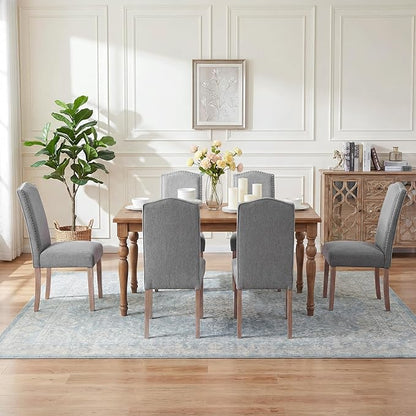Upholstered Dining Chair Modern Stylish Parsons Kitchen Diner High Back with Silver Nailhead Trim & Wood Legs, Set of 4, Fabric Classic Grey