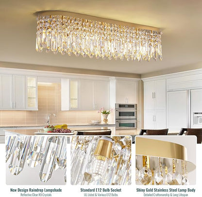 Siljoy 12-Light Modern Gold Crystal Raindrop Chandelier for Dining Room, Luxury Oval Flush Mount Crystal Pendant Ceiling Light Fixture for Living Room Kitchen Island Bar L47''xW11''xH10.6''