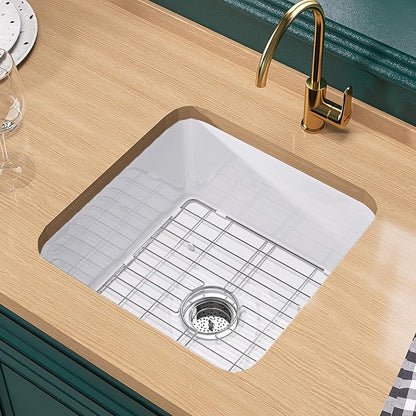 Miuara White Undermount Bar Sink 18 Inch - Small Topmount Kitchen Sink Drop In 18”x18”x9”, Dual Mount Single Bowl, Heavy Duty Solid Fireclay, w 2 Accessories, for Kitchen, Laundry, Powder, Outdoor