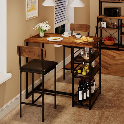 TrailBlaze Space-Saving 3-Piece Dining Table Set for 2 with 3 Storage Shelves, Upholstered Chairs - Ideal for Small Apartments, Breakfast Nook - Rustic Brown - Classic Color - 1+2 Set