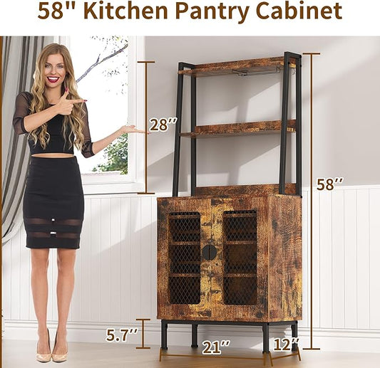 58” Pantry Cabinets with Microwave Shelves, Small Kitchen Pantry Storage Cabinet with Adjustable Shelves, Freestanding Buffet Cupboards Sideboard for Kitchen, Dining Room, Living Room Use (Retro)