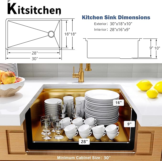 Kitsitchen 30 Inch Gold Undermount Kitchen Sink,16 Gauge Stainless Steel Under Counter Single Bowl Kitchen Sink,10 Inch Deep Workstation Sinks with Abundant Accessories & Offset Drain(30"x18"x10")