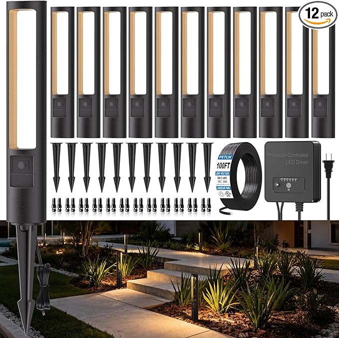 All-in-One Low Voltage Landscape Lighting Kit, 12-Pack Pathway Lights with Transformer Dusk to Dawn Outdoor Lighting 5CCT, IP66 Waterproof Landscape Lights with Connectors for Patio