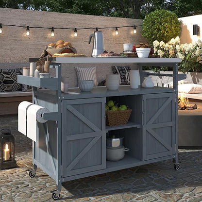 50.25" Kitchen Island Rolling Bar Cart & Storage Cabinet,Farmhouse Solid Wood Outdoor Grill Table with Stainless Steel Top and Spice, Towel Rack for BBQ,Grey Blue