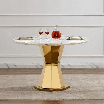 47" Round Marble Dining Table for 4-6, Luxury Modern Kitchen Table with Marble Grain MDF Tabletop & Gold Mirrored Stainless Steel Pedestal Base, Grey Stone Dinner Table for Dining Room (Table Only)