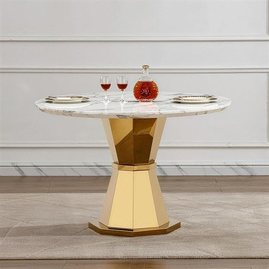 47" Round Marble Dining Table for 4-6, Luxury Modern Kitchen Table with Marble Grain MDF Tabletop & Gold Mirrored Stainless Steel Pedestal Base, Grey Stone Dinner Table for Dining Room (Table Only)