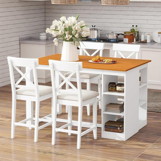 Industrial Farmhouse Dining Set 5 Piece, Counter Height Table with Storage Shelves, 60" Solid Wood Kitchen Island with 4 Comfortable Chairs, Space Saving Bar Height Dining Set for Apartment
