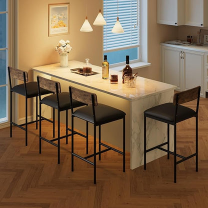 TrailBlaze Bar Stools Set of 4, 37'' Counter Height Kitchen Barstools with Backrest, Thick PU Upholstered Cushion - Metal Legs, Footrest - Kitchen Island, Dining Room, Breakfast Bar - Rustic Brown
