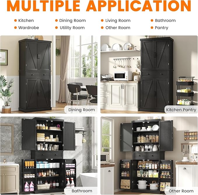 kepptory 72" Tall Kitchen Pantry Cabinet, Black Pantry Storage Cabinet with Adjustable Shelves, Barn Doors and Drawer, Farmhouse Cupboard for Kitchen, Dining Room, Bathroom (16" D x 30" W x 72" H)