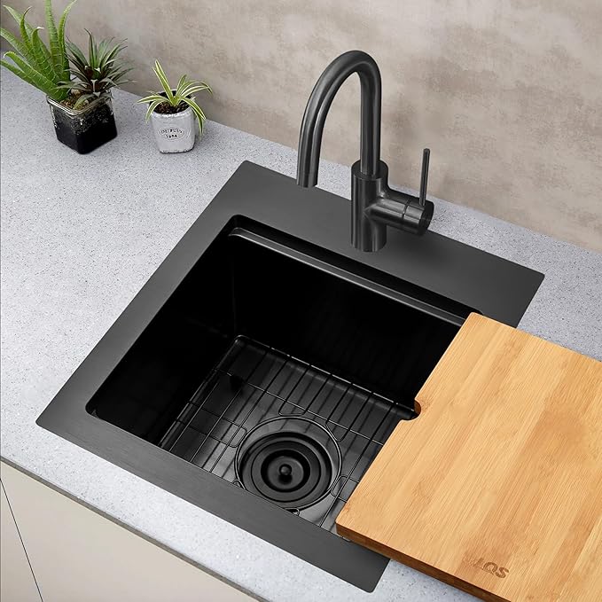 LQS Matte Black Stainless Steel Sink Drop In, 16” x 18” Black Small Laundry Sink, Prep Sink with Cutting Board Drop In, Black Kitchen Sinks with Workstation Ledge For RV, Outdoor and Prep Use