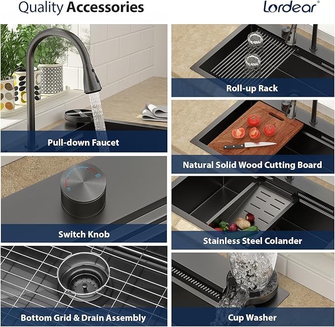 Lordear 33 Drop In Kitchen Sink with Faucet 33x22 Inch Black Waterfall Kitchen Sinks Topmount Stainless Steel 16 Gauge Single Bowl Workstation Smart Sink with Separated Switch Knob