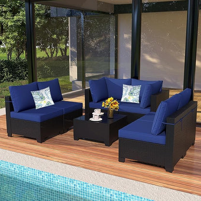 Outdoor Wicker Patio Furniture Set, Rattan Sectional Sofa Set with Thick Cushions (Coffee/Blue, 7 Piece Sofa Set)