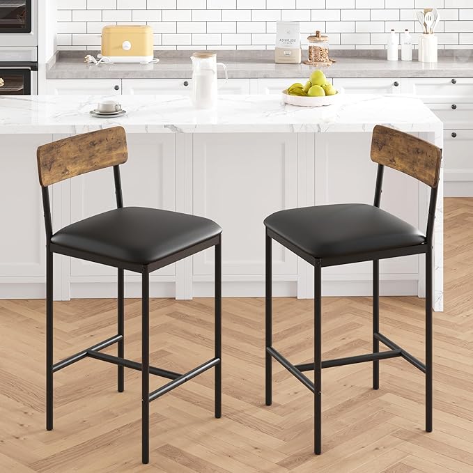TrailBlaze Bar Stools Set of 2, 25.5'' Counter Height Upholstered Bar Chairs with Back & Footrest, Faux Leather, Thick Cushion - Black Metal Frame - Kitchen Island, Home Bar, Small Space