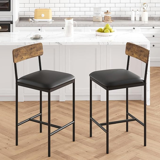 TrailBlaze Bar Stools Set of 2, 25.5'' Counter Height Upholstered Bar Chairs with Back & Footrest, Faux Leather, Thick Cushion - Black Metal Frame - Kitchen Island, Home Bar, Small Space