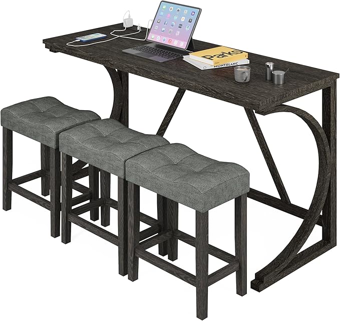 allamazing 4-Piece Counter High Bar Table Set with Socket and 3 Fabric Padded Bar Stools, Tall Kitchen Breakfast Nook with Stool, Black