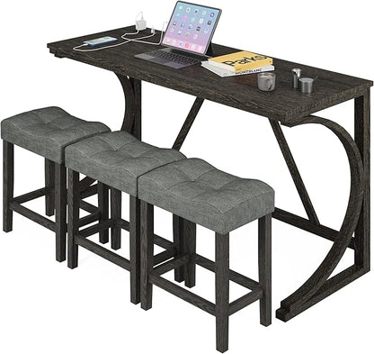 allamazing 4-Piece Counter High Bar Table Set with Socket and 3 Fabric Padded Bar Stools, Tall Kitchen Breakfast Nook with Stool, Black
