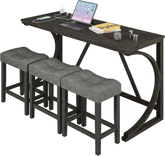 allamazing 4-Piece Counter High Bar Table Set with Socket and 3 Fabric Padded Bar Stools, Tall Kitchen Breakfast Nook with Stool, Black