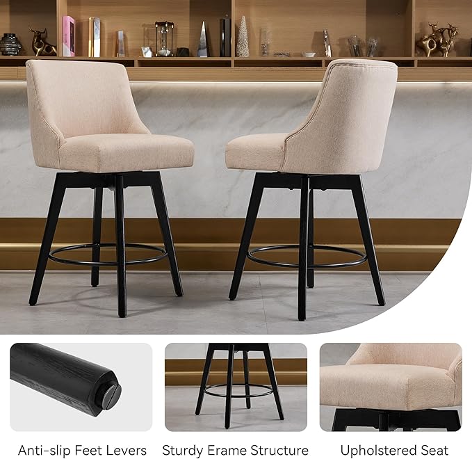 Counter Height Bar Stools Set of 4,Swivel Barstools with Backs and Wood Legs,Linen Fabric Upholstered Counter Stools for Kitchend Island,Mid-Century Modern 26"Seat Height Bar Chairs,Flax Beige