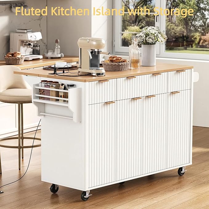55.5" Mobile Kitchen Island, Fluted Kitchen Island with Storage, Drop Leaf, Power Outlet, 4 Doors and 3 Drawers, Wood-Grain Top, Rolling Island Table for Kitchen, Dining Room White