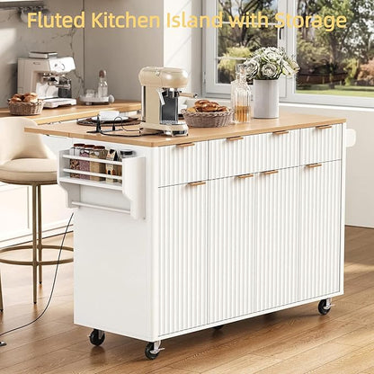 55.5" Mobile Kitchen Island, Fluted Kitchen Island with Storage, Drop Leaf, Power Outlet, 4 Doors and 3 Drawers, Wood-Grain Top, Rolling Island Table for Kitchen, Dining Room White