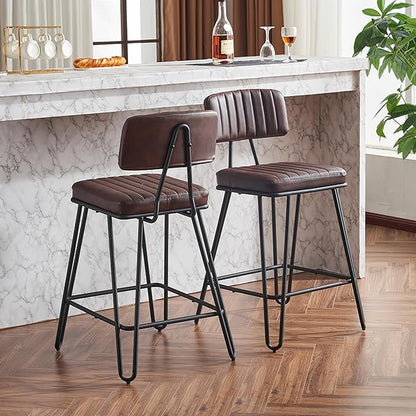 Bar Stools Set of 2, Counter Height Chairs with PU Leather Upholstery Metal Frame, Vintage Bar Chairs with Backrest Footrest for Kitchen Island, Dining Room, Home Bar, Brown