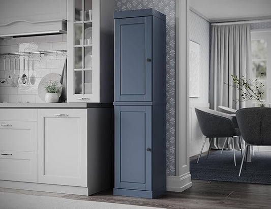 Palace Imports Solid Wood Kitchen Pantry - Narrow Storage Cabinet - Raised Panel Doors, Adjustable Shelves, Antique Blue, 16.5" Wide x 71.5" Tall, 100% Eco-Friendly Wood, Modular Cabinet